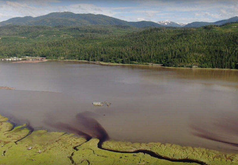 Aerial view of a river with muddy water, surrounded by green hills and mountains in the background.