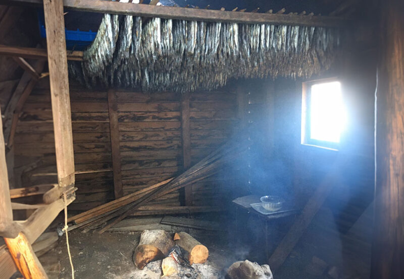 A rustic wooden room with fish hanging from the ceiling to dry. A small fire burns on the floor, casting light from a nearby window.