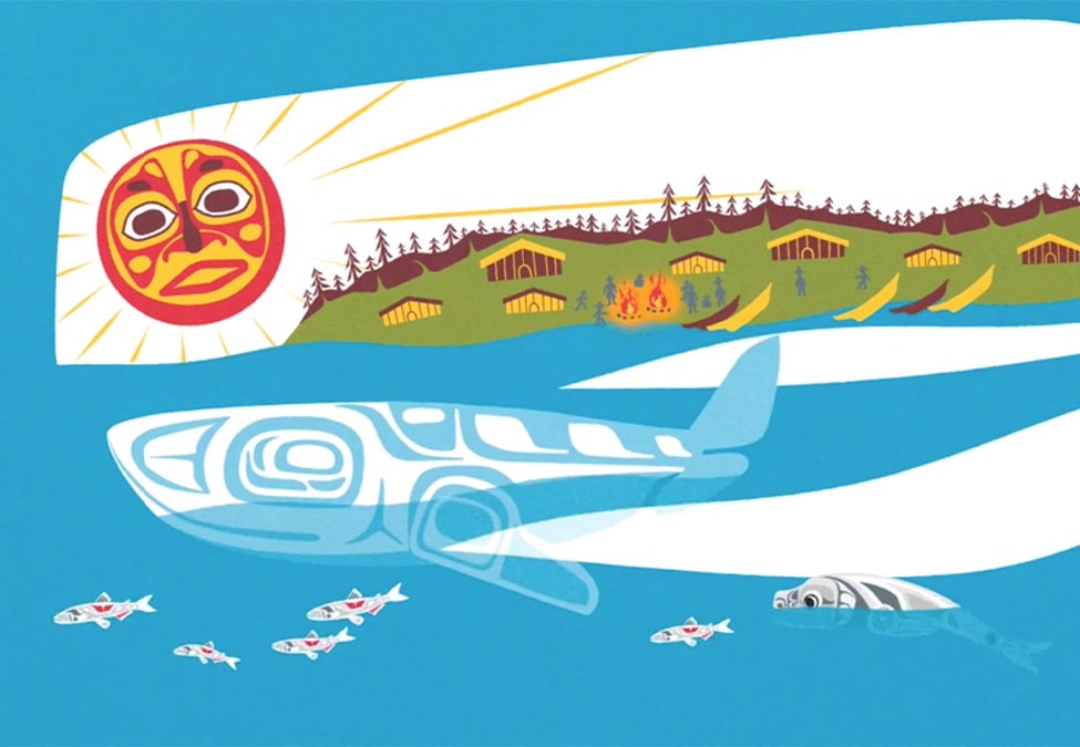 A stylized illustration of a sun above a landscape with trees, houses, and canoes, transitioning to an airplane above water with fish and a whale.