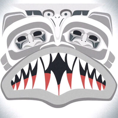 Abstract tribal face design with two pairs of eyes, large mouth, and sharp red and black teeth against a gradient background.