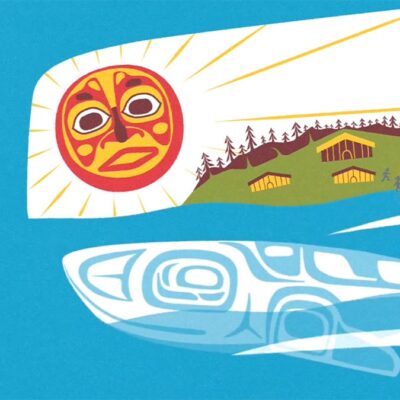 Graphic with a stylized sun, a landscape with houses and trees, and a white fish-like figure against a blue background.